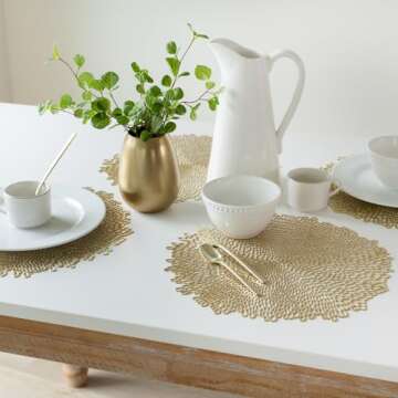 Benson Mills Bloom Pressed Vinyl Placemat Set of 4, Kitchen and Dining Table Mats, Special Occasion, Wedding, Everyday, Holiday Table Décor (15.5" Round, Set of 4, Gold)