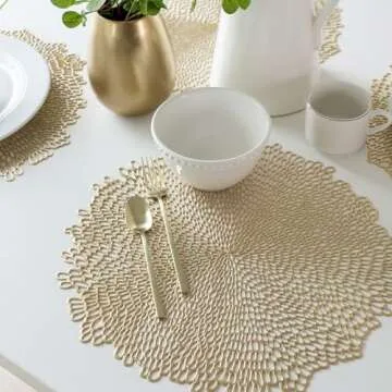 Benson Mills Bloom Pressed Vinyl Placemat Set of 4, Kitchen and Dining Table Mats, Special Occasion, Wedding, Everyday, Holiday Table Décor (15.5" Round, Set of 4, Gold)