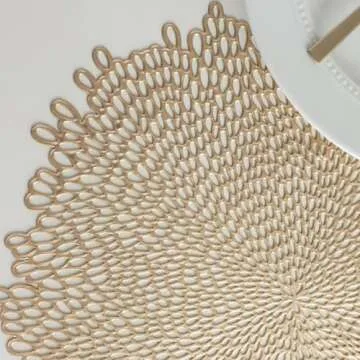 Benson Mills Bloom Pressed Vinyl Placemat Set of 4, Kitchen and Dining Table Mats, Special Occasion, Wedding, Everyday, Holiday Table Décor (15.5" Round, Set of 4, Gold)