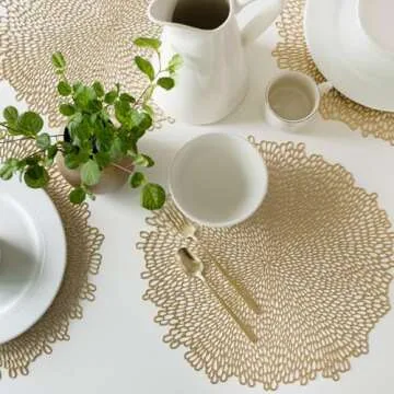 Benson Mills Bloom Pressed Vinyl Placemat Set of 4, Kitchen and Dining Table Mats, Special Occasion, Wedding, Everyday, Holiday Table Décor (15.5" Round, Set of 4, Gold)