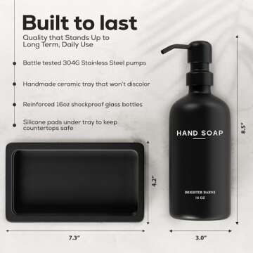 Black Glass Soap and Lotion Dispenser Set with Tray by Brighter Barns - Hand Soap Dispenser Bathroom Set & Stainless Steel Pump for Home - Black Bathroom Accessories, Modern Decor (Black)