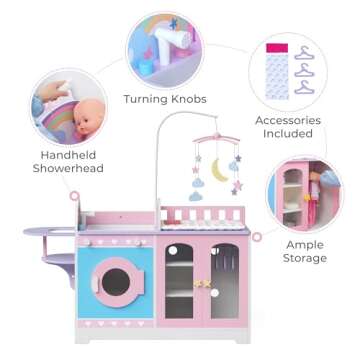 Teamson Kids - Olivia's Classic 6 in 1 Baby Doll Changing Station with Storage, Pretend Play Dolls Furniture, Pink / Purple