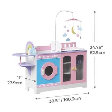 Teamson Kids - Olivia's Classic 6 in 1 Baby Doll Changing Station with Storage, Pretend Play Dolls Furniture, Pink / Purple