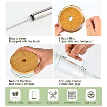 Glass Cups with Bamboo Lids and Straws,24oz Tumbler With Handle,2 Pack Mason Jar with Lid and Straw-Wide Mouth Reusable Drinking Glasses,Boba Cup Smoothie Tumbler Iced Coffee Cup Travel Mug