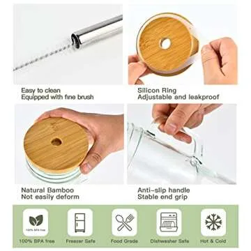 Glass Cups with Bamboo Lids and Straws,24oz Tumbler With Handle,2 Pack Mason Jar with Lid and Straw-Wide Mouth Reusable Drinking Glasses,Boba Cup Smoothie Tumbler Iced Coffee Cup Travel Mug