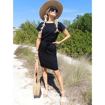 PRETTYGARDEN Women's Summer Short Sleeve Crewneck Striped Dress Basic Solid Tie Waist Office T Shirt Dresses Pockets Black Large