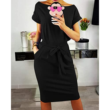 PRETTYGARDEN Women's Summer Short Sleeve Crewneck Striped Dress Basic Solid Tie Waist Office T Shirt Dresses Pockets Black Large