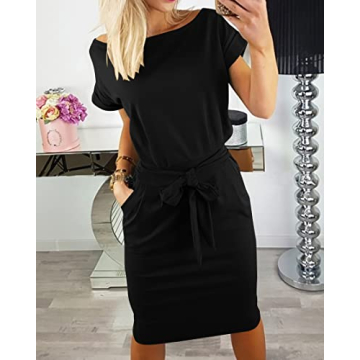 PRETTYGARDEN Women's Summer Short Sleeve Crewneck Striped Dress Basic Solid Tie Waist Office T Shirt Dresses Pockets Black Large