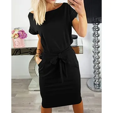 PRETTYGARDEN Women's Summer Short Sleeve Crewneck Striped Dress Basic Solid Tie Waist Office T Shirt Dresses Pockets Black Large