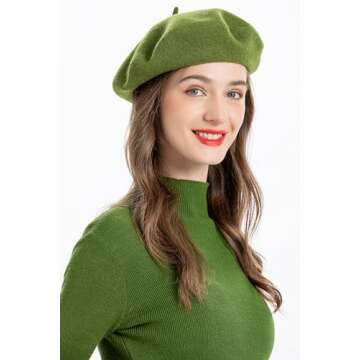 Wool Beret Hat Classic Solid Color French Beret for Women (Army Green)