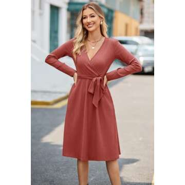 Newshows Womens 2024 Fall Sweater Dress Long Sleeve Business Casual Outfits V Neck Ribbed Knit Belt ...