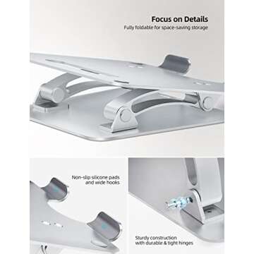 Nulaxy Fully Adjustable Laptop Stand for Desk, Dual Foldable Aluminum Computer Riser with Heat-Vent, Ergonomic Notebook Holder Portable Office Accessories Compatible with All 10-17" Laptops, Silver
