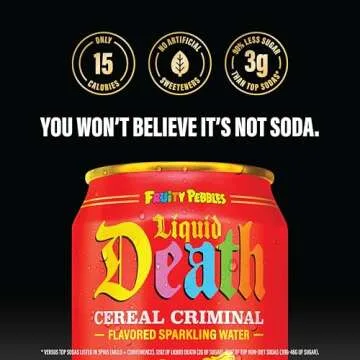 Liquid Death, Cereal Criminal, Fruity Pebbles-Flavored Sparkling Water, 12-Pack (12oz Cans), Low Calorie & No Artificial Sweeteners