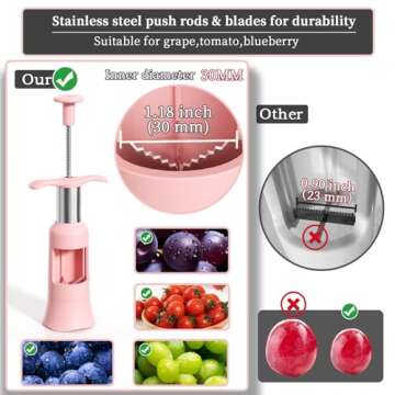 PIUGERU Grape Cutter Tool Grape Slicer Kitchen Gadget Cuts Grape & Tomato & Blueberry into 4 Pieces for Vegetable Fruit Salad Baby Fruit Cutter with 2 Straw Brushes & Two Types of Slicing (Pink)