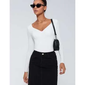 Avidlove Womens Bodysuit White Thong Bodysuits V Neck Double Lined tummy control shapewear （White S）