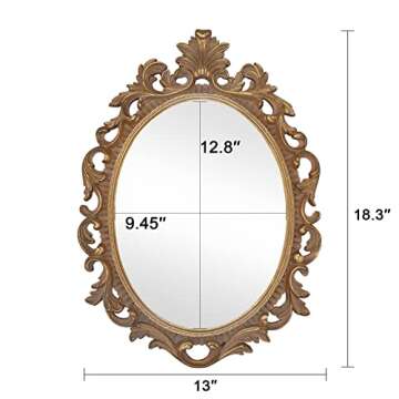 SIMON'S SHOP Gold Vintage Mirror, Oval Mirrors for Wall, Antique Mirror 18.3 x 13 inches, Decorative Scroll Mirror for Bedroom Living Room