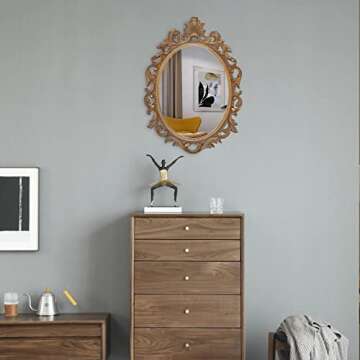 SIMON'S SHOP Gold Vintage Mirror, Oval Mirrors for Wall, Antique Mirror 18.3 x 13 inches, Decorative Scroll Mirror for Bedroom Living Room