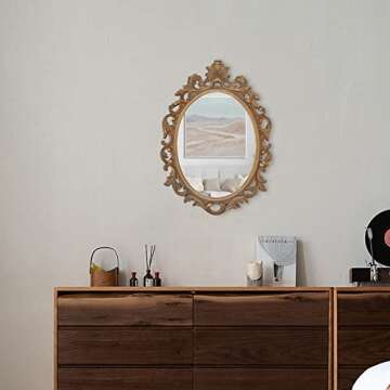 SIMON'S SHOP Gold Vintage Mirror, Oval Mirrors for Wall, Antique Mirror 18.3 x 13 inches, Decorative Scroll Mirror for Bedroom Living Room
