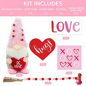 Valentines Day Decor - Valentines Day Decoration - XO Love Hugs Wooden Signs, Cute BE Mine Gnomes Plush with Bead Garland - Farmhouse Rustic Tiered Tray Items Decorations for Home Table House Room