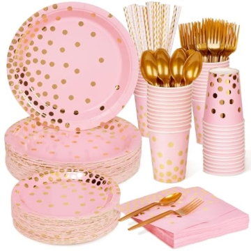 DECORLIFE 350PCS Pink Plates and Napkins Party Supplies Serves 50, Includes Pink and Gold Plates, St...