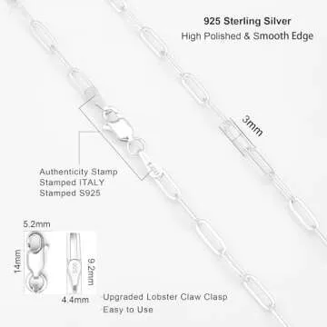 Waitsoul 925 Sterling Silver Paperclip Lobster Clasp Chain 3mm Necklace for Women Men Diamond Cut Silver Necklace Chain 16-30 Inches(20)