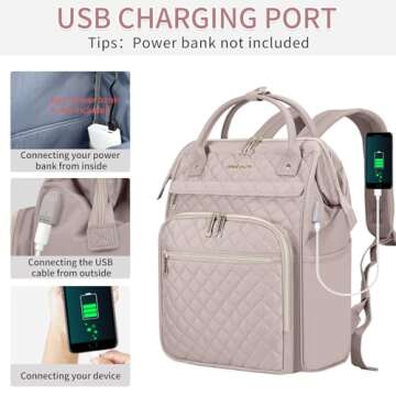 EMPSIGN 17 Inch Laptop Backpack for Women, Work Business Travel Computer College Bags, Large Capacity Water-repellent Quilted Casual Daypack with USB Port, Dusty Pink
