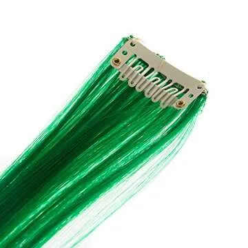 SWACC 12 Pcs Straight One Color Party Highlights Clip on in Hair Extensions Colored Hair Streak Synthetic Hairpieces (Green)