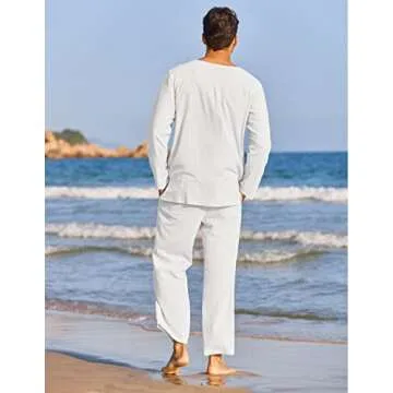 COOFANDY Men's 2 Pieces Cotton Linen Set Henley Shirt Long Sleeve and Casual Beach Pants Summer Yoga Outfits