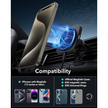 ESR for MagSafe Car Mount Charger, 15W Magnetic Wireless Car Charger, Compatible with MagSafe Car Charger, Air Vent/Dashboard Phone Holder Mount for iPhone 16/15/14/13/12, Fast Charging, Black