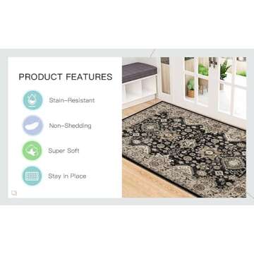 Washable Hallway Runner Rug 3x16: Non Slip Runner Rugs with Rubber Backing Soft Kitchen Rug Farmhouse Distressed Carpet Runner for Living Room Bedroom Bathroom (Black, 3X16)