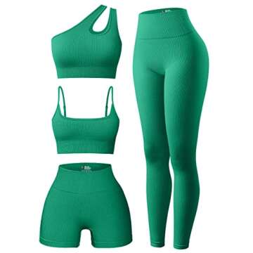 OQQ Women's 4 Piece Outfits Ribbed Exercise Scoop Neck Sports Bra One Shoulder Tops High Waist Short...