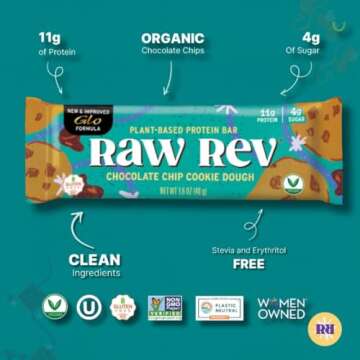 Raw Rev Vegan High-Protein Bars, Chocolate Chip Cookie Dough, 12g Plant Protein, 11g Fiber, Keto, Non-GMO, 1.6 Oz, Pack of 12