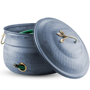 LifeSmart Garden Hose Storage Holder Pot with Lid Antique Green | Expandable Water Hose Container 12 x 16 inches Hold up To 100 ft Outdoor or Indoor Use