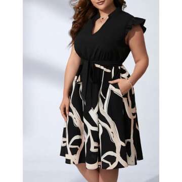 Verdusa Women's Plus Size Ruffle Cap Sleeve Notched Neck Belted A Line Flared Dress Black 2XL