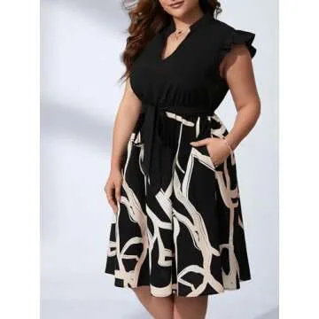 Verdusa Women's Plus Size Ruffle Cap Sleeve Notched Neck Belted A Line Flared Dress Black 2XL