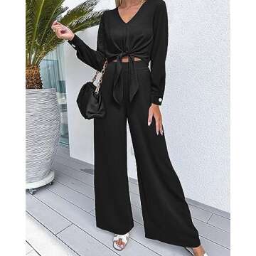 PRETTYGARDEN Women's 2 Piece Outfits 2025 Spring Casual V Neck Long Sleeve Strappy Crop Top Wide Leg...