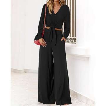 PRETTYGARDEN Women's 2 Piece Outfits 2025 Spring Casual V Neck Long Sleeve Strappy Crop Top Wide Leg Palazzo Pant Sets(Solid Black,Large)