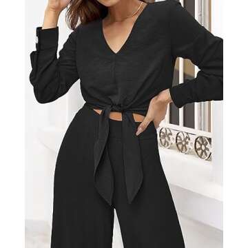 PRETTYGARDEN Women's 2 Piece Outfits 2025 Spring Casual V Neck Long Sleeve Strappy Crop Top Wide Leg Palazzo Pant Sets(Solid Black,Large)