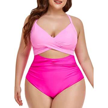 Eomenie Women's One Piece Swimsuits Tummy Control Cutout High Waisted Bathing Suit Wrap Tie Back 1 Piece Swimsuit Pink Color Block