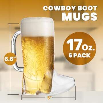 JoyServe Cowboy Boot Cups - (Pack of 6) 17oz Cowboy and Cowgirl Drink Mugs, Reusable BPA-Free Plasti...