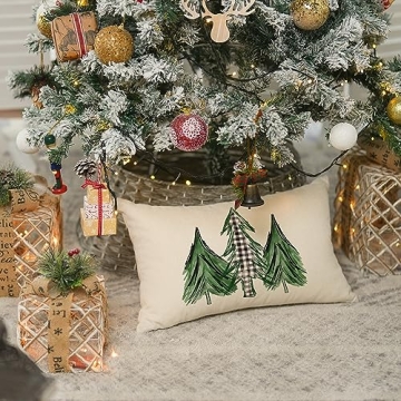 AVOIN Watercolor Christmas Tree Throw Pillow Cover, 12 x 20 Inch Holiday Buffalo Plaid Cushion Case Decoration for Sofa Couch
