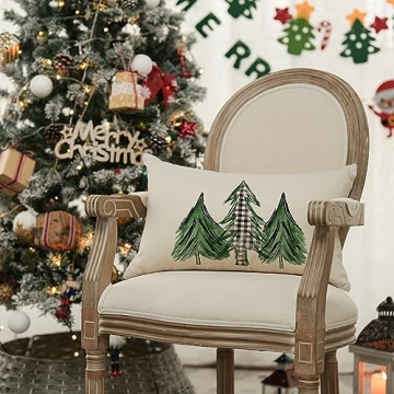 AVOIN Watercolor Christmas Tree Throw Pillow Cover, 12 x 20 Inch Holiday Buffalo Plaid Cushion Case Decoration for Sofa Couch