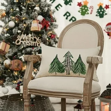 AVOIN Watercolor Christmas Tree Throw Pillow Cover, 12 x 20 Inch Holiday Buffalo Plaid Cushion Case Decoration for Sofa Couch