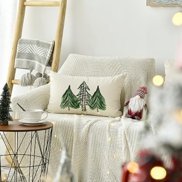 AVOIN Watercolor Christmas Tree Throw Pillow Cover, 12 x 20 Inch Holiday Buffalo Plaid Cushion Case Decoration for Sofa Couch