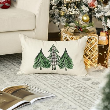 AVOIN Watercolor Christmas Tree Throw Pillow Cover, 12 x 20 Inch Holiday Buffalo Plaid Cushion Case Decoration for Sofa Couch