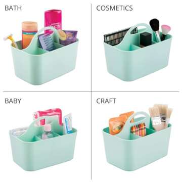 mDesign Plastic Portable Craft Storage Organizer Caddy Tote, Divided Basket Bin with Handle for Crafts, Sewing, Art Supplies - Holds Brushes, Colored Pencils - Lumiere Collection - Mint Green