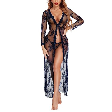 Avidlove Women's Lace Kimono Robe - Sexy Long Sheer Babydoll in Navy Blue, Small