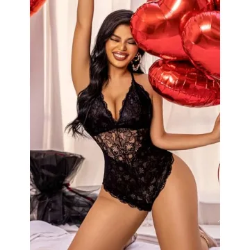Avidlove Women's Sexy Lace Snap Crotch Bodysuit Deep V Teddy