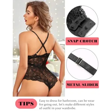 Avidlove Women's Sexy Lace Snap Crotch Bodysuit Deep V Teddy
