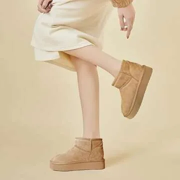 Platform Boots for Women Mini Boots Snow Boots for Women Faux Fur Lining Boots Winter Boots for Women Genuine Suede Platform Ankle Boots Lightweight Anti-Slip Winter Boots for Outdoor Indoor